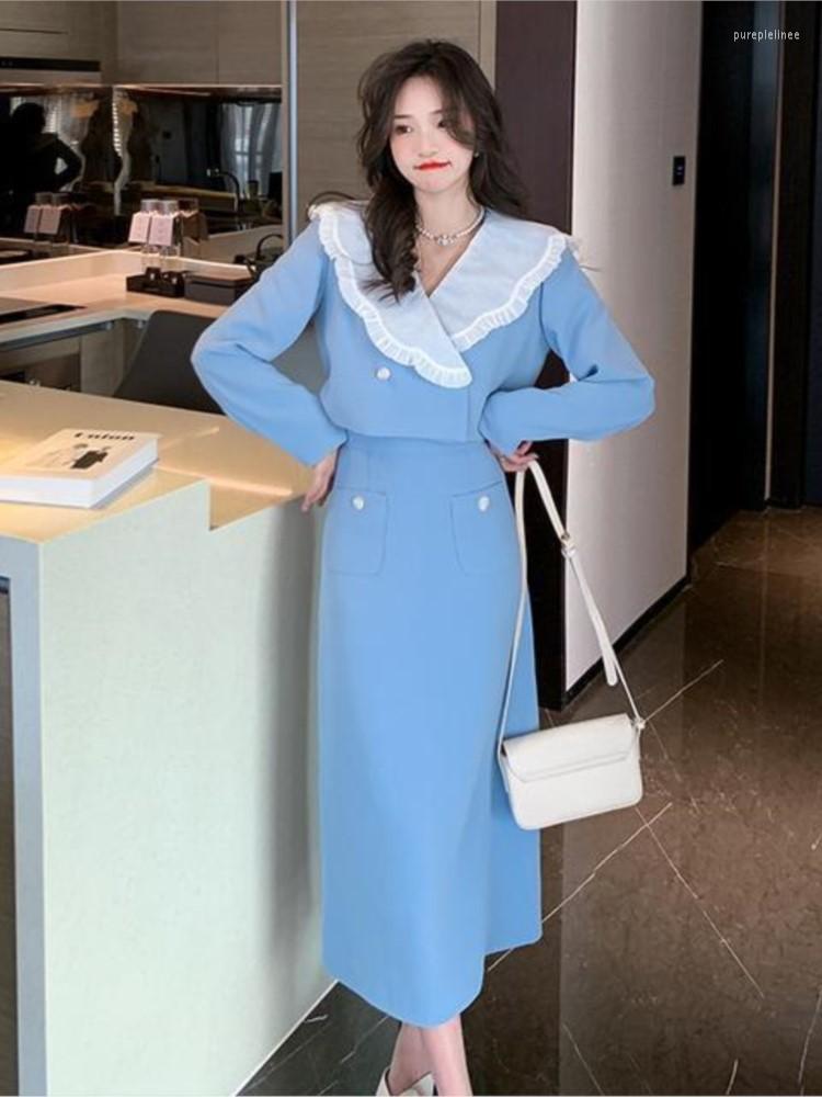 

Work Dresses Women Spring Korean Fashion Two Pieces Sets Vintage Ruffles Short Jackets High Waist Midi Skirts Office Ladies Suits, Black
