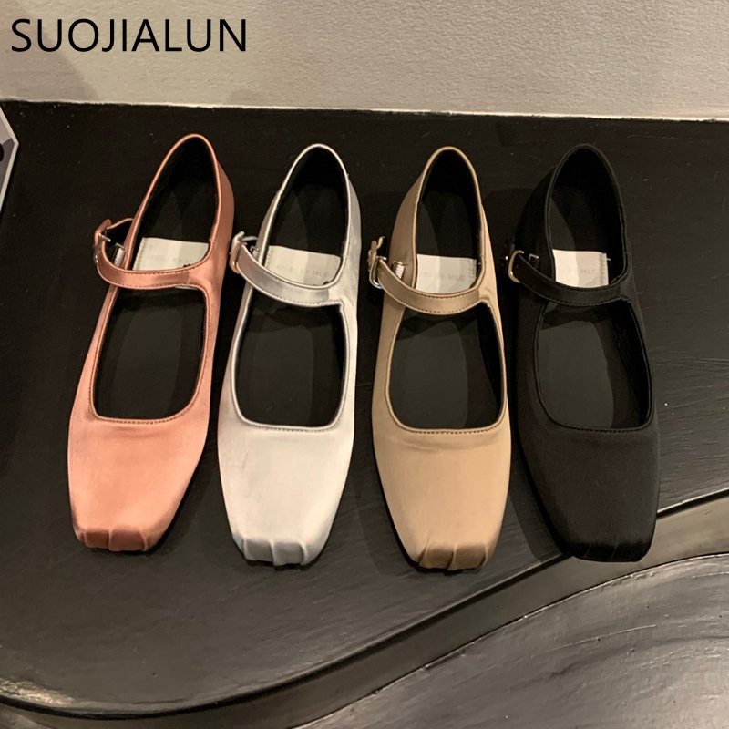 

Dress Shoes SUOJIALUN Spring Women Flat Fashion Silk Square Toe Shallow Ladies Ballet Soft Casual Mary Jane 230220, Black