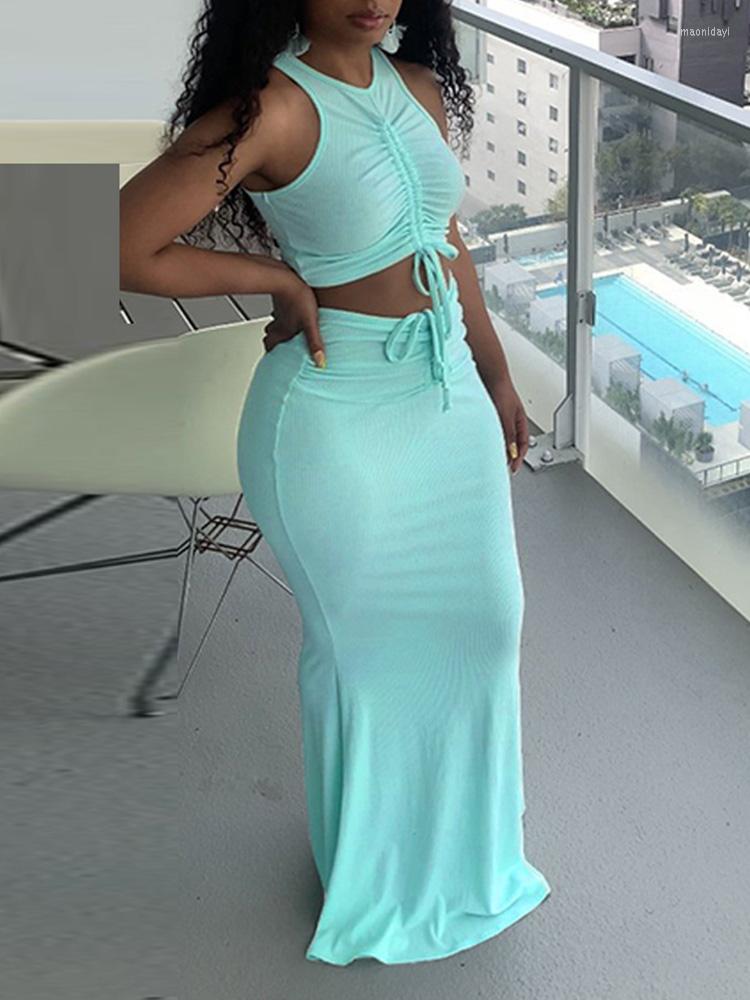 

Women's Two Piece Pants Ribbed Drawstring Sleeveless Top & Maxi Skirt Set Women Outfits, Green