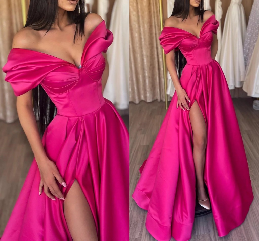 

Hot Pink Formal Evening Dress Floor Length Short Sleeve Off Shoulder Slit Satin Runway Prom Party Gowns A-line Robe de Soiree 2023, Silver