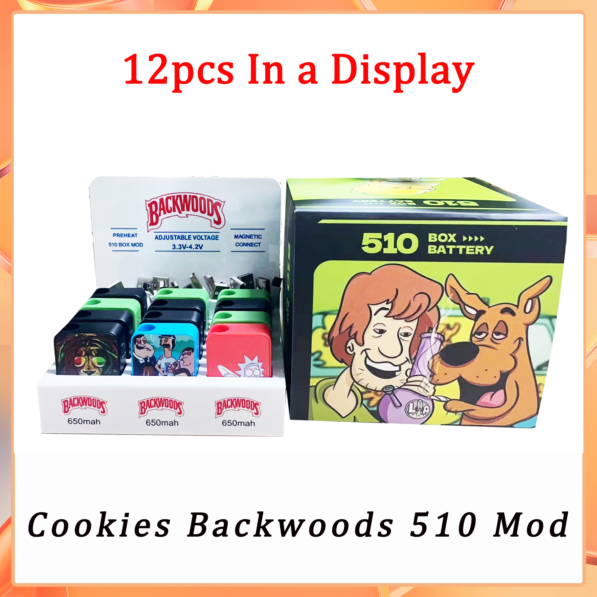 

Cookies Backwoods 510 Box Mod USB Battery 650 Mah Variable Voltage Preheat Disposable Vapes Pen Vaporizer For 510 thread Thick Oil Cartridge Tank 12 Pcs In One Display
