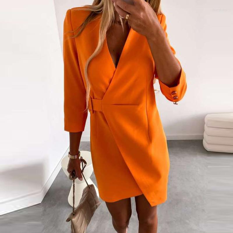 

Casual Dresses Autumn Fashion Solid Blazer Mini Dress Women Elegant V Neck Side Belt Office Lady Long Sleeve Irregular Suit, Ivory