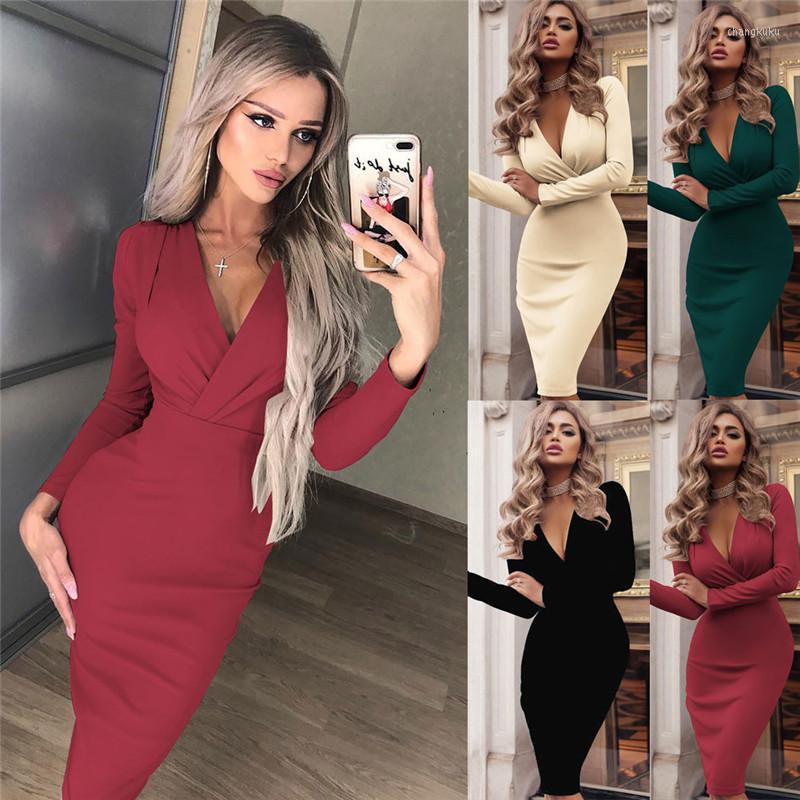 

Casual Dresses Elegant Long Sleeve Bodycon Evening Party Club Dress Ladies V Neck OL Dames Clothes Streetwear Summer Women Sexy Bandage, Green