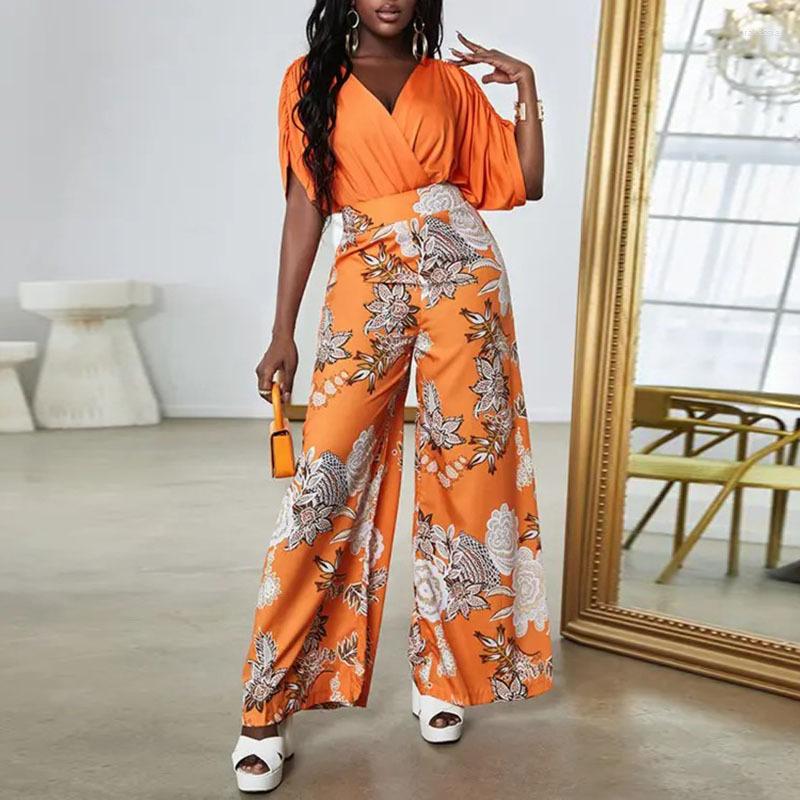 

Women' Two Piece Pants Women' Clothing 2023 Autumn Summer Elegant Batwing Sleeve Top Floral Printed Wide Leg Trousers Clothes Set, Orange