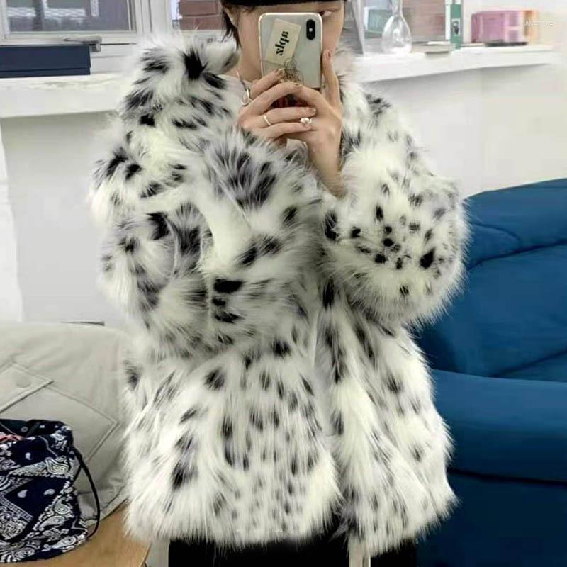

Women' Fur 2023 Winter Korean Coat Female Young Faux Short Leopard Print Mao Loose, Black white brown