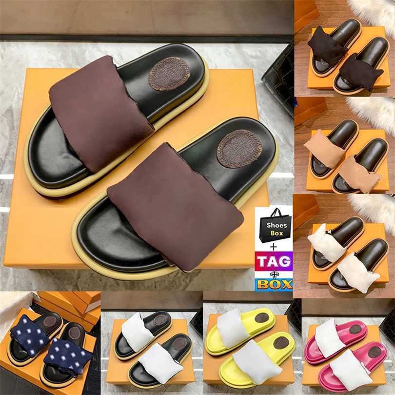 

Designer Pool Pillow Slippers Slide Sandals Flat Comfort Mules Slipper Men women shoes fashion Beach Sandal with box platform summer Slides luxury Slipper, 05-white pink printed