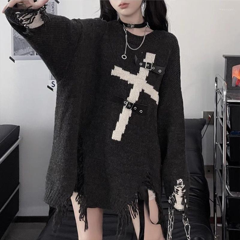 

Women's Sweaters Y2k Girl White Cross Buckle Designed Tassel Women Black Gothic Pullover Sweater 2023 Winter Harajuku Mujer Goth Jumpers