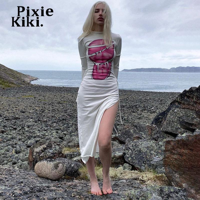 

Casual Dresses PixieKiki Y2k Aesthetic Print White Bodycon Dress Streetwear Women Sexy Bandage Long Sleeve Split P85-CI28