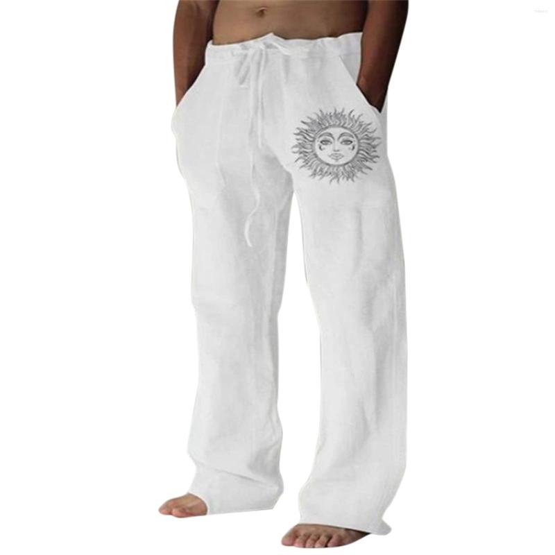 

Men's Pants Sun Trousers Casual Full Pocket Print Drawstring Flower Length Men'S Sport Streetwear Men Pant, White