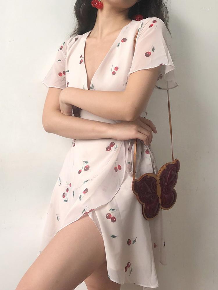 

Casual Dresses Women Dress Summer Evening Sexy V Neck Mini Short Sleeve A Line Cherry Print Y2k Clothes Fashion Vintage Sundress Robe, Creamy-white