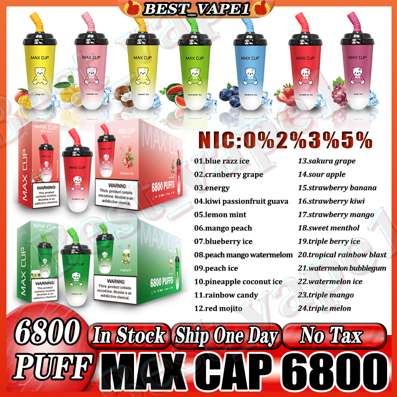 

Original Max Cup 6800 Puffs 16ML Disposable Electronic Cigarette Vape Pen Starter Kit Rechargeable 850mAh Battery Milk Tea Vape Coke Jar 12 Flavors Availble 0/2/3/5%