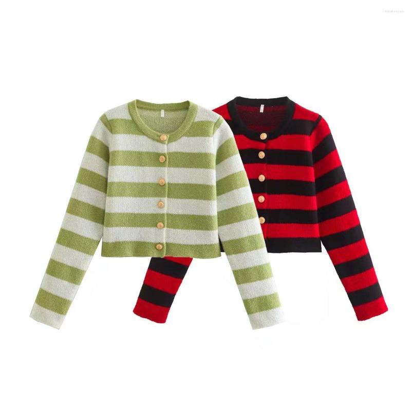 

Women' Sweaters 2023 Autumn European And American Cross-border Women' Urban Casual Striped Knitted Cardigan, Green
