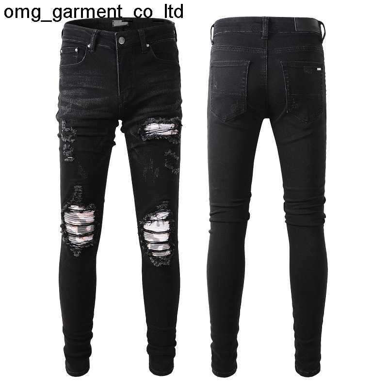

jeans amirly men's new designer slim fashion brand elastic black hole pants patch jeans
