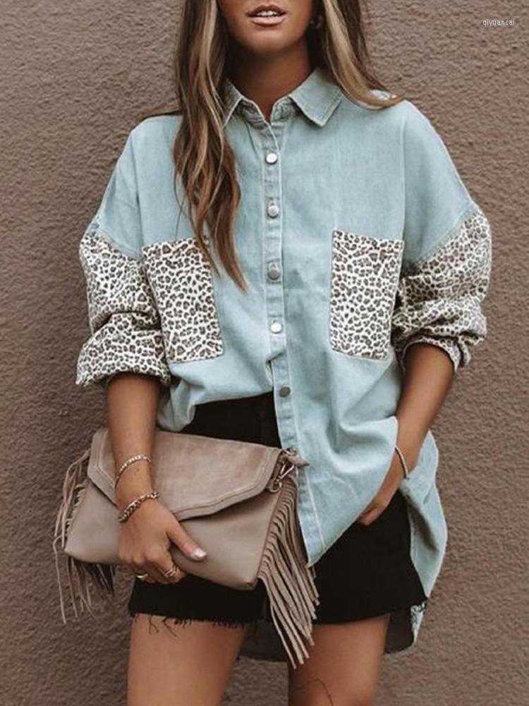 

Women' Blouses Leopard Print Drop Shoulder Button Up Denim Shirt, Blue