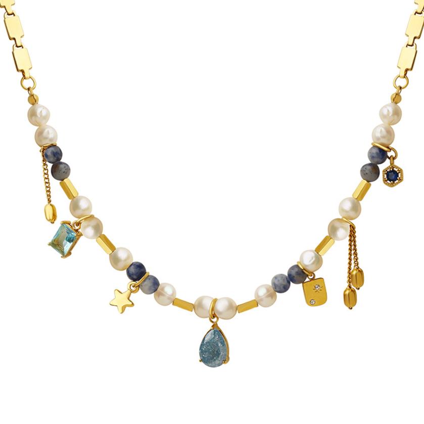 

Waterproof 18K Gold Plated Stainless Steel CZ Jewelry Nature Stone Freshwater Pearl Choker Necklace