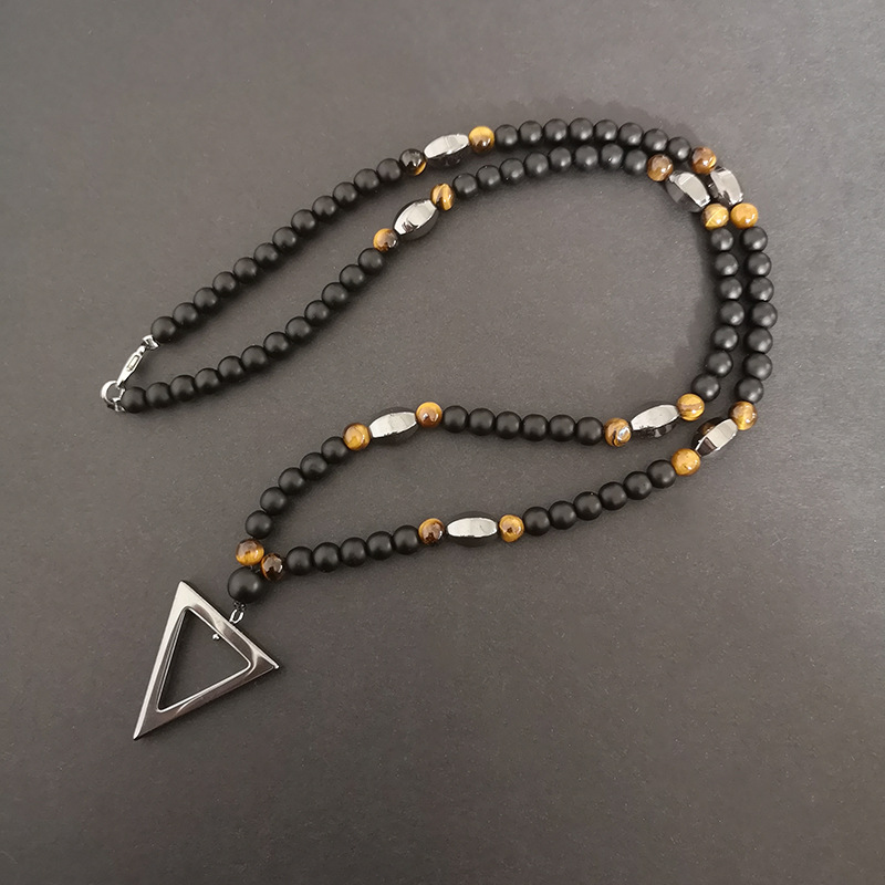 

Triangle Pendant Personality Simple Accessories Tiger Eye Matte Black Agate Men's Necklace 2Pcs/Lot
