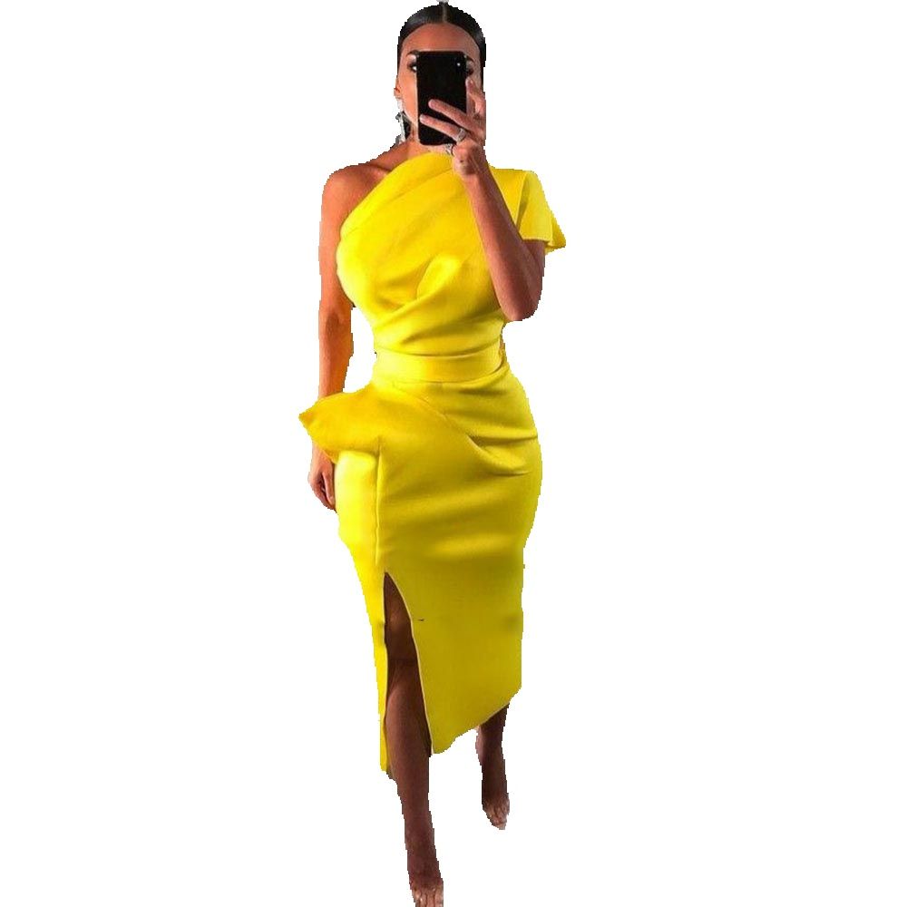 

Yellow One Shoulder Short Prom Dresses Side Split Satin Mermaid Formal Party Prom Gowns Tea Length, Gray