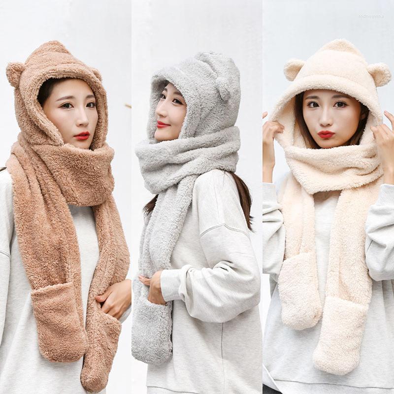 

Berets 1 Pc And High Quality Fashionable Cute Winter Plush Scarf Hooded One Hundred Warm Gloves, Khaki