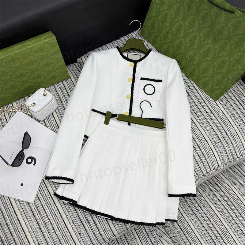 

Two Piece Dress Womens Suit Skirts 23 Early Spring Fashion Casual Knitted Edge Design Round Neck Coat With Pleated Embroidered Pocket Custom Double Metal Buc kle
