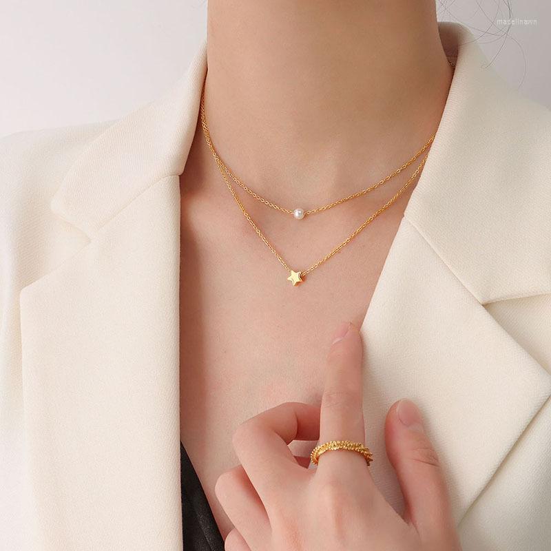

Pendant Necklaces Double Layered Necklace For Women Dainty Titanium Steel Chic Pentagram And Pearl Collane Lunghe