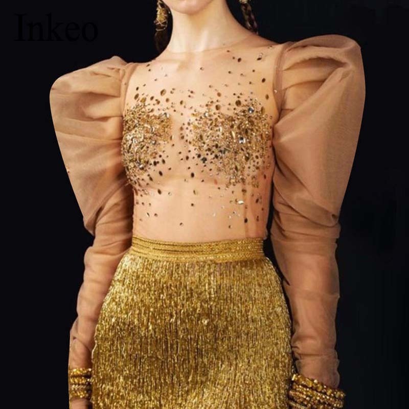 

Women's Blouses Shirts Sexy Women Organza Tops Puff sleeve Round neck Female Blouse Luxury Court style Crop tops Shirt Spring INKEO 9T058 230220, As picture show