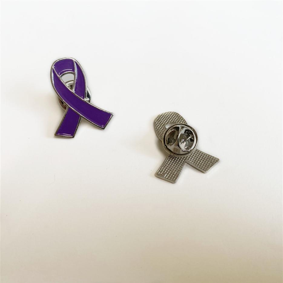 

100PCS whole purple Ribbon brooches Awareness Lapel Pin anti-domestic violence ribbon badge228z