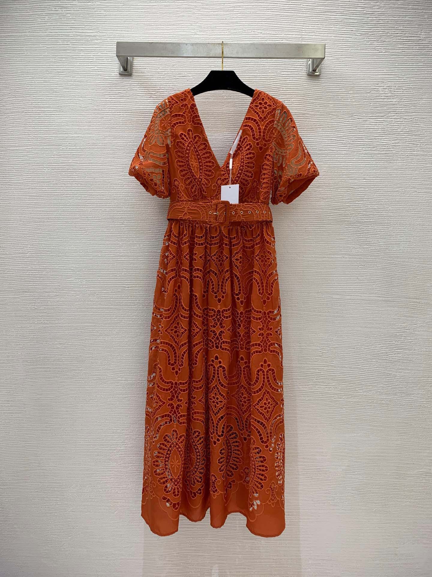 2023 Spring Orange Paisley Lace Dress Short Sleeve V-Neck Embroidery Belted Short Casual Dresses B3F171715