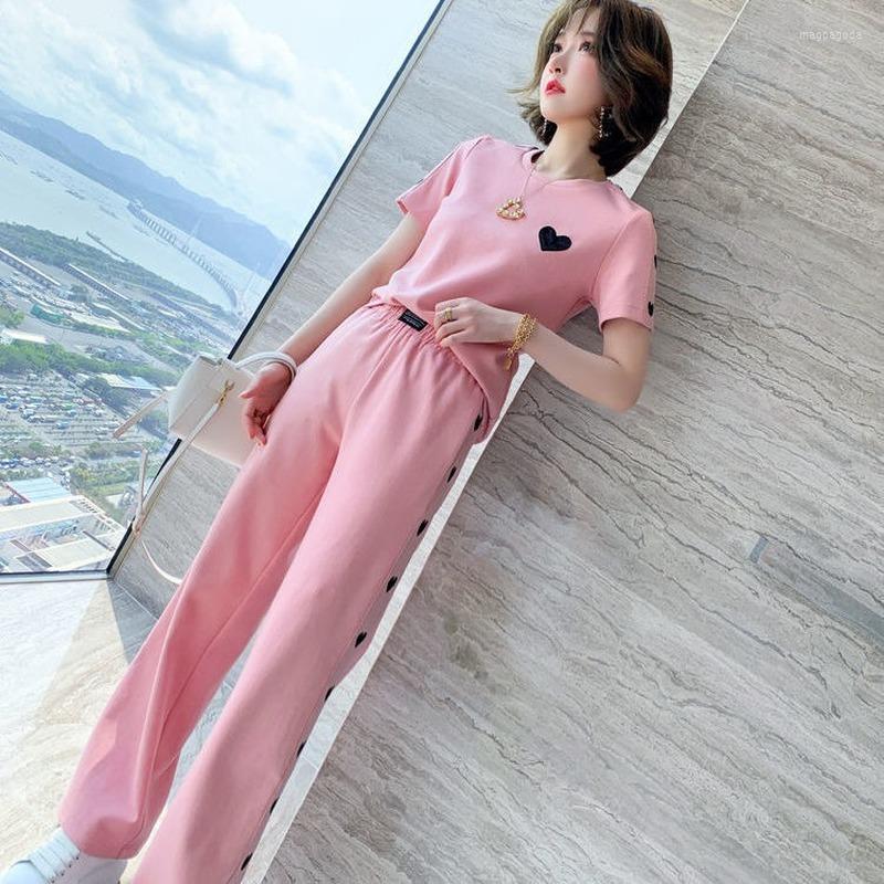 

Women' Two Piece Pants Ladies Two-piece Fashion Round Neck Love Sequins All-match T-shirt High Waist Wide Leg Suit Spring And Summer, Two-piece suit