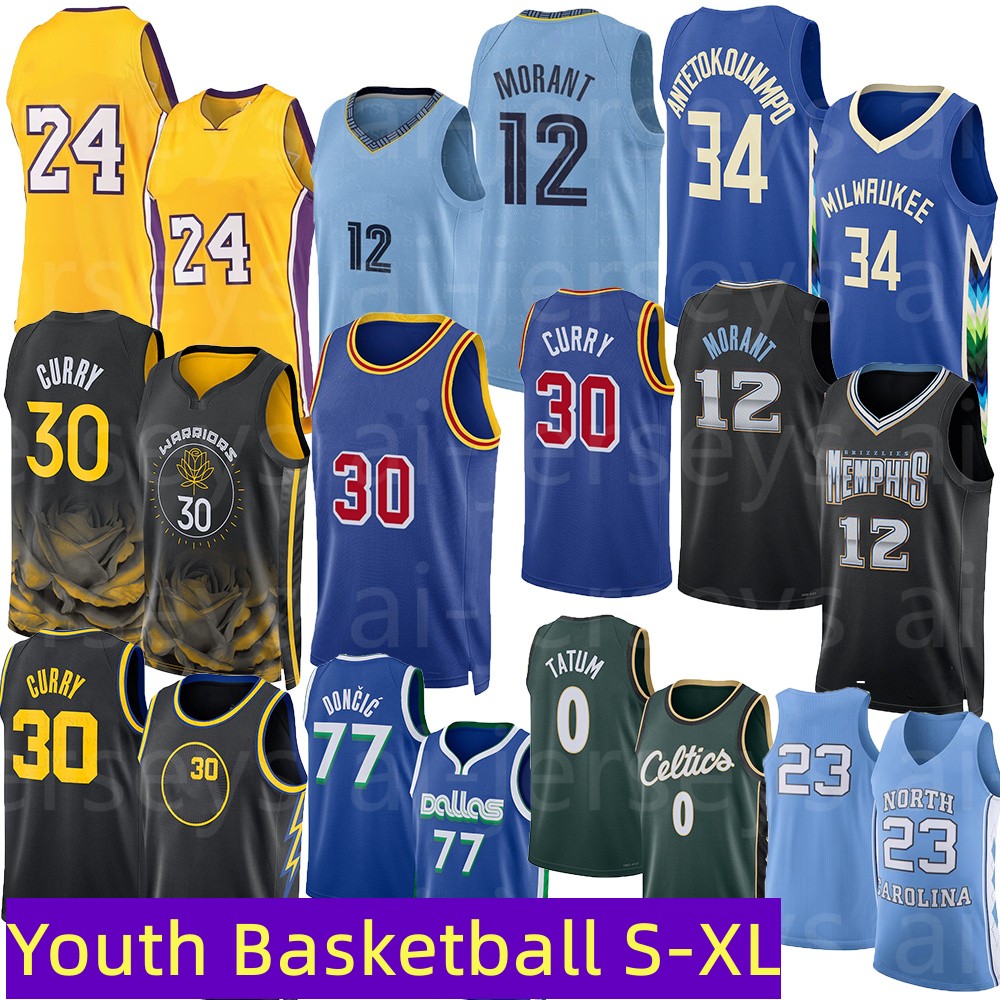 

Basketball Jerseys 30 Curry 34 Antetokounmpo 12 Morant 77 Doncic 0 Tatum Stitched Youth Kids size S  L XL, 24 throwback