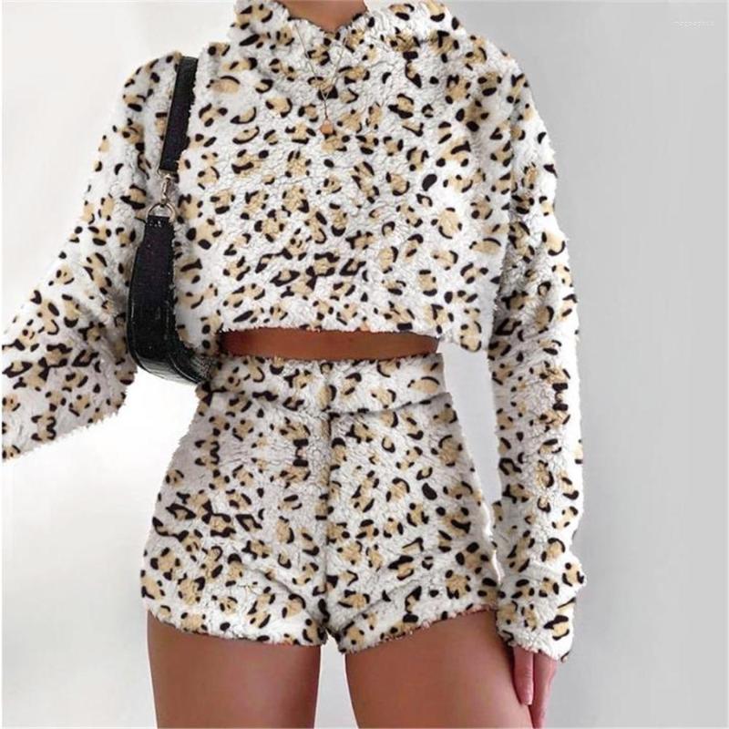

Women' Two Piece Pants Autumn Winter Women Plush Fleece 2 Sets Fashion Leopard Tie-dye Long Sleeve Hooded Crop Top And Elastic High Waist