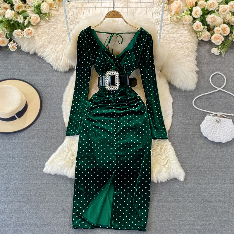

V Neck Off-shoulder Casual Dresses Long Sleeve Sparkling Robe Femme Party Dresses Belt Slim Waist Split Velvet Vestidos De Mujer 2023, Green