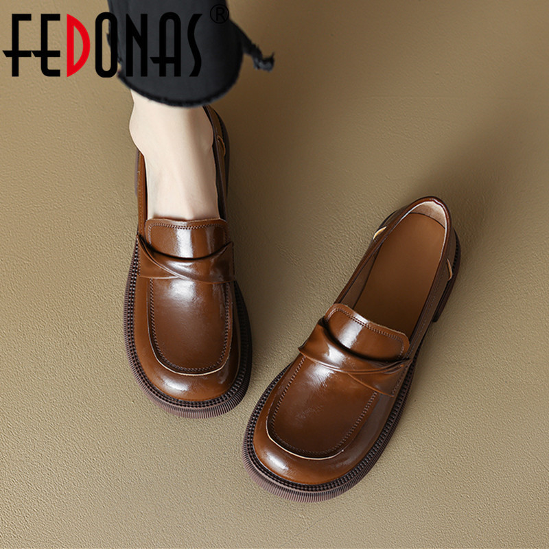 

Dress Shoes FEDONAS Classic Round Toe Women Pumps Thick Heels Genuine Leather Retro Design Spring Autumn Office Loafers Woman 230220, Brown