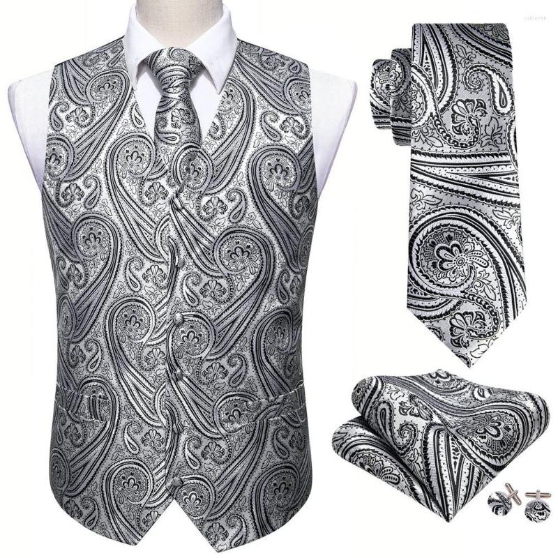 

Men's Vests Gray Floral Silk Vest Waistcoat Men Slim Suit Paisley Necktie Handkerchief Cufflinks Tie Business Barry.Wang Design, Gm-2093