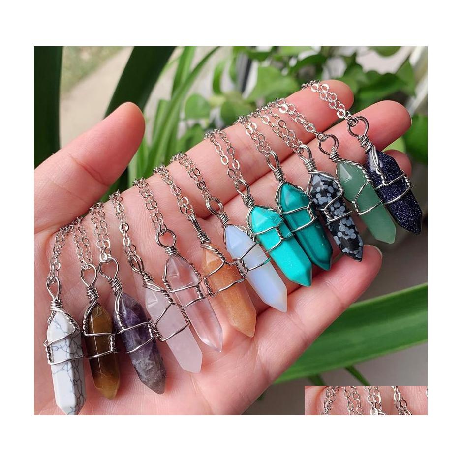 

Pendant Necklaces Natural Stone Pillar Pendum Wire Wrap Reiki Healing Crystal Necklace Hexagonal Amethyst Pink Quartz Chakras Pendo Dho5E