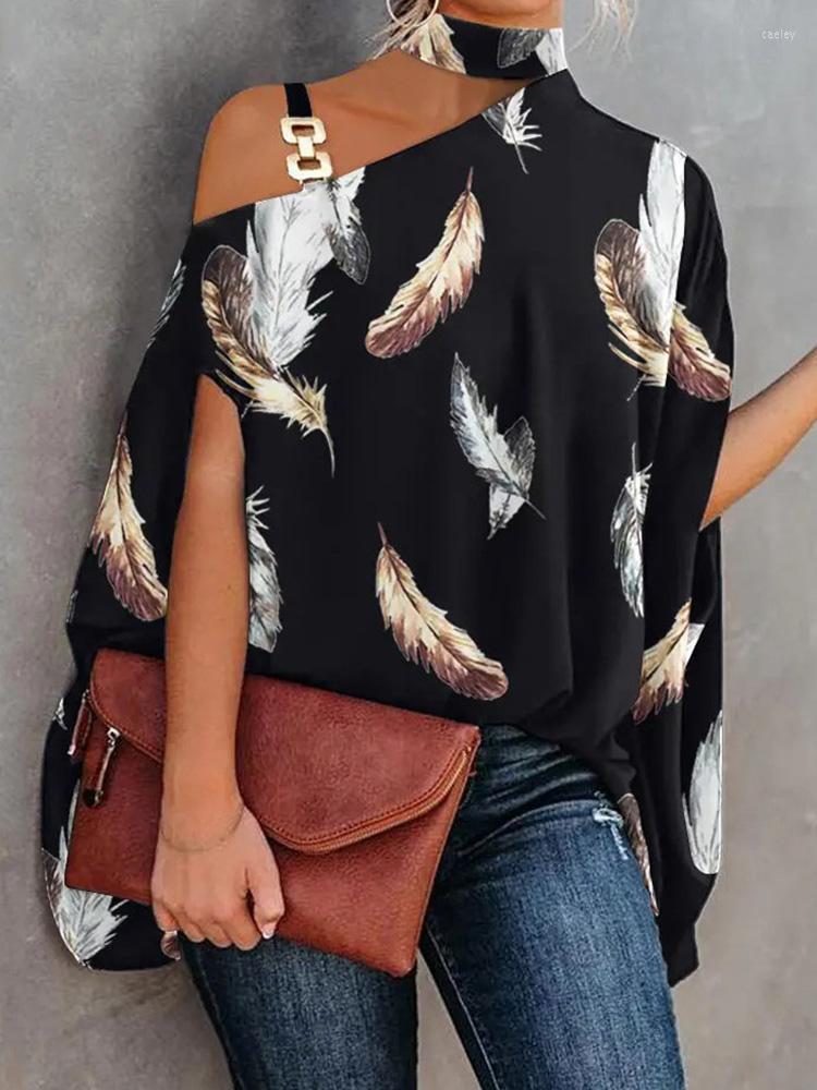 

Women' Blouses Feather Print Chain Strap Cold Shoulder Women Blouse Tops, Blue
