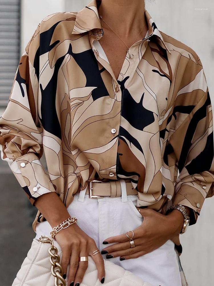 

Women' Blouses Chic Printed Long Sleeve Buttoned Women Casual Shirt Tops, Khaki