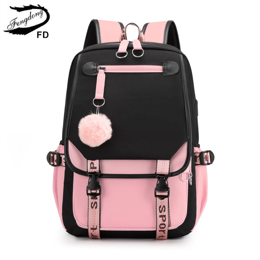 

School Bags Fengdong large school bags for teenage girls USB port canvas bag student book bag fashion black pink teen backpack 230220, All pink