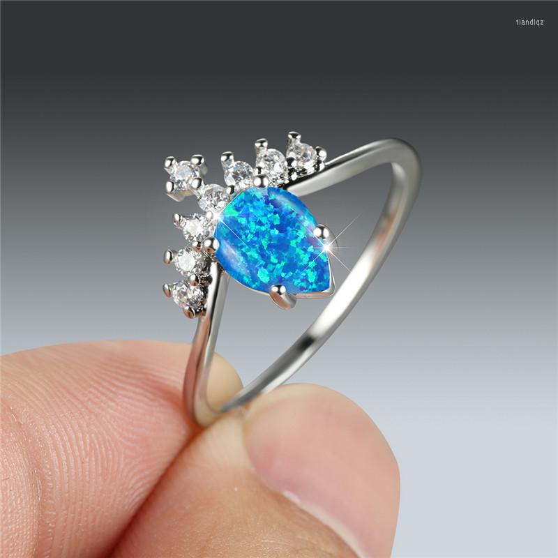 

Wedding Rings Blue Opal Water Drop Engagement Ring Trendy Silver Color White Zircon Small Stone Thin For Women Boho Jewelry