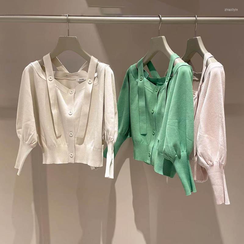

Women's Sweaters Kuzuwata Japanese Solid Color Lantern Sleeve Strap Off Shoulder Sweater Button Fresh Pull Femme 2023 Spring Slash Neck, Green