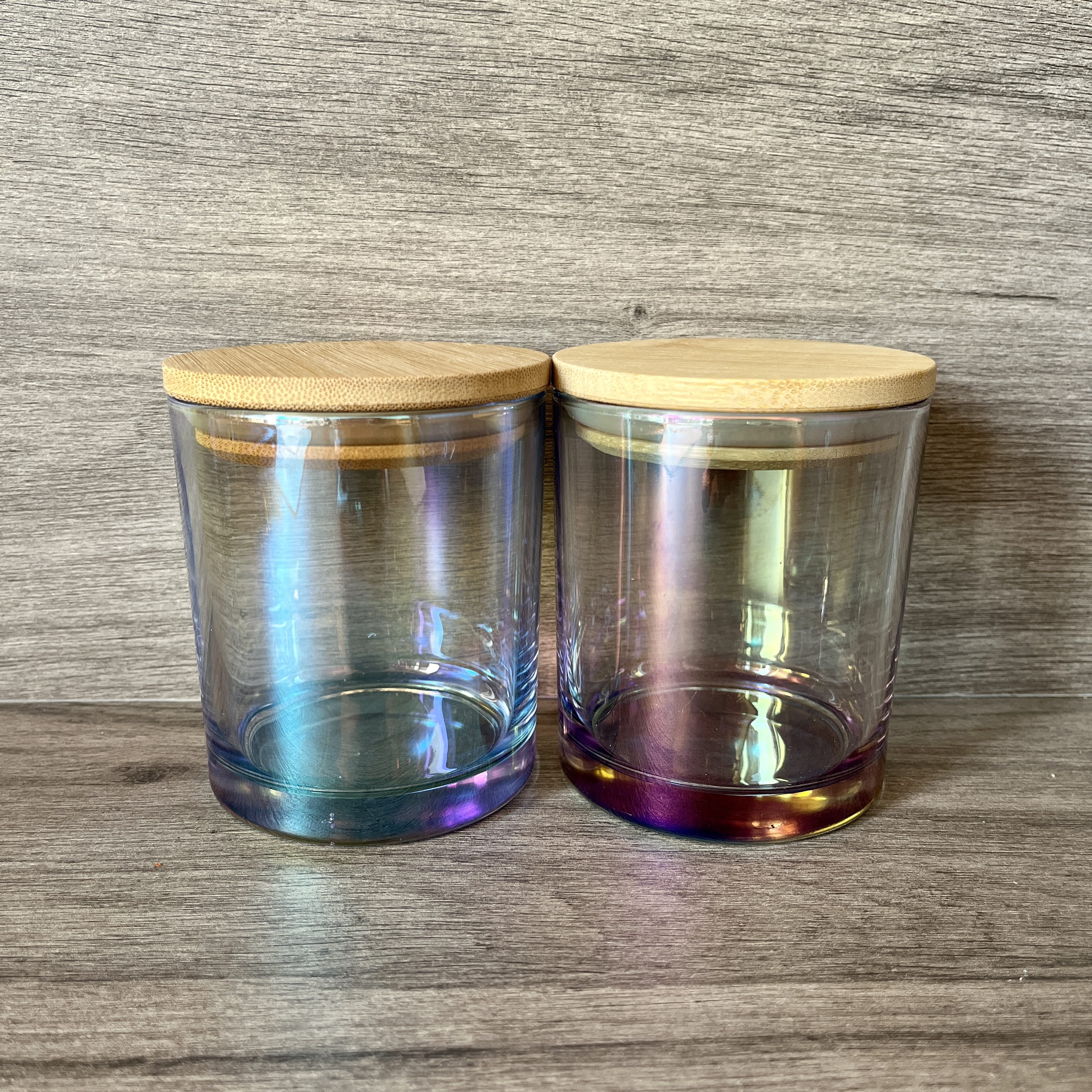 

11oz Iridescent Glass Candle Holder with Bamboo lid Blank Water Bottle DIY Candle jar
