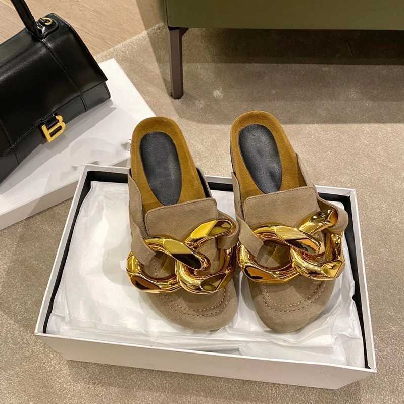 

Designer Shoes 2023 early spring NEW JW chain Baotou semi slippers women lazy wear Muller shoes flat bottomed round head casual single shoes, All black