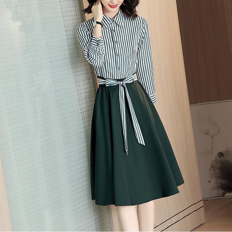 

Casual Dresses Spring Dress For Women Patchwork Ladies Stripe Korean Vestidos De Fiesta Noche Shirt Robe Femme Ukienki, Green