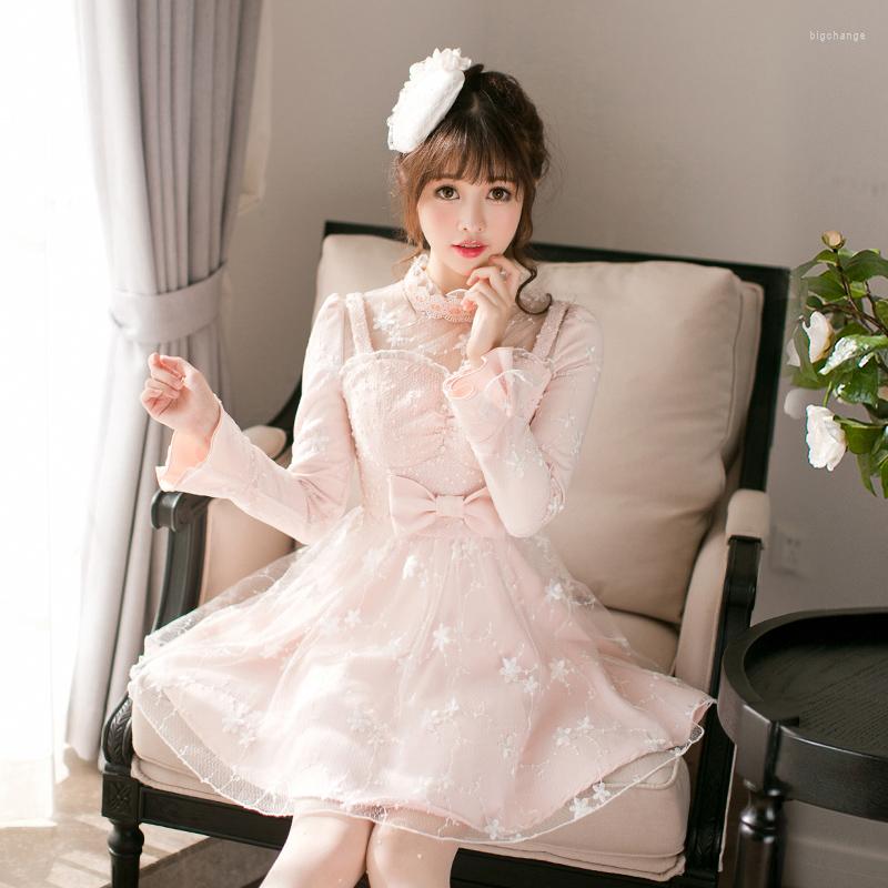 

Casual Dresses Princess Sweet Lolita Dress Candy Rain Fall Original Japanese Bow Long Sleeved Lace Collar C22CD7209, Pink