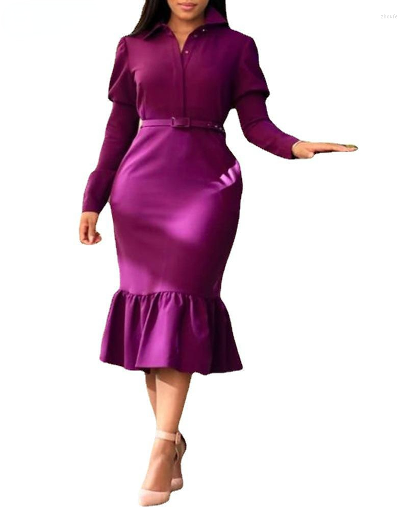 

Casual Dresses European Style For Women 2023 Elegant Solid High Waist Bodycon Dress Autumn Vintage Turn-down Collar Trumpet Party, Purple
