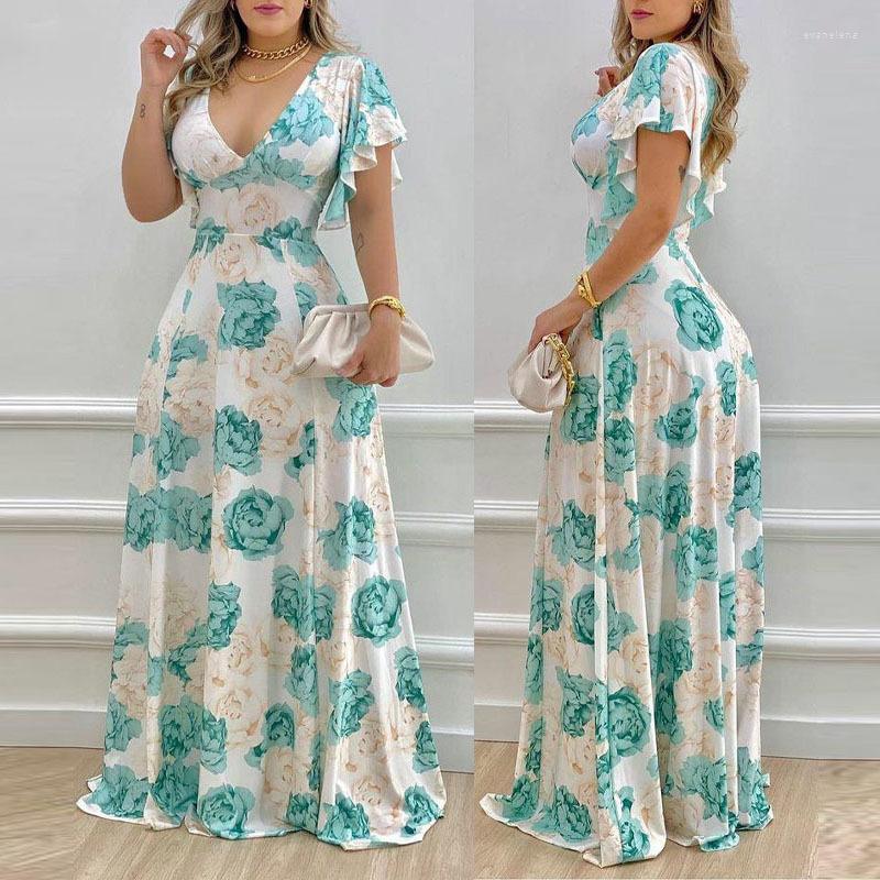 

Party Dresses Women' V-neck Printed Long Skirts Commuter High Waist Clothing For Spring And Summer 2023