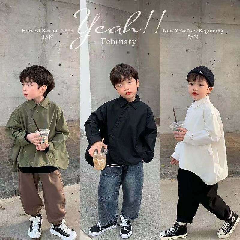 

Tshirts Fashion Children's Long sleeve Spring Autumn singlebreasted Boys Pure color Shirt Baby Korean Style Coat clothes Top Jacket 230220, Ivory