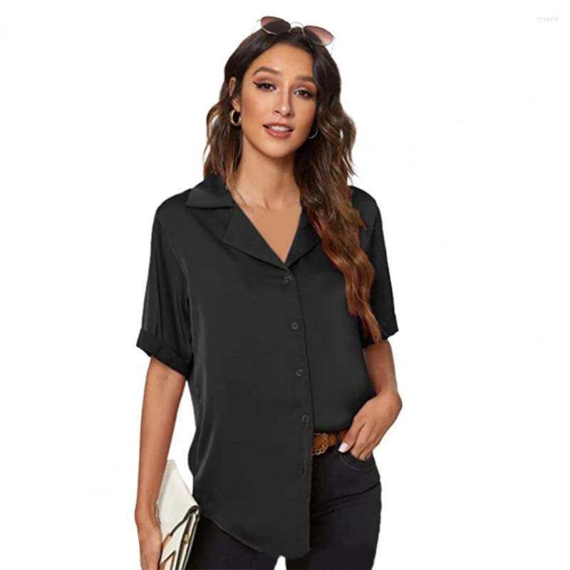 

Women' Blouses Shirts For Women Notched Collar Buttons Closure Short Sleeve Smooth Fabric Casual Office Lady Loose Shirt Blouse Tops 2023, Beige