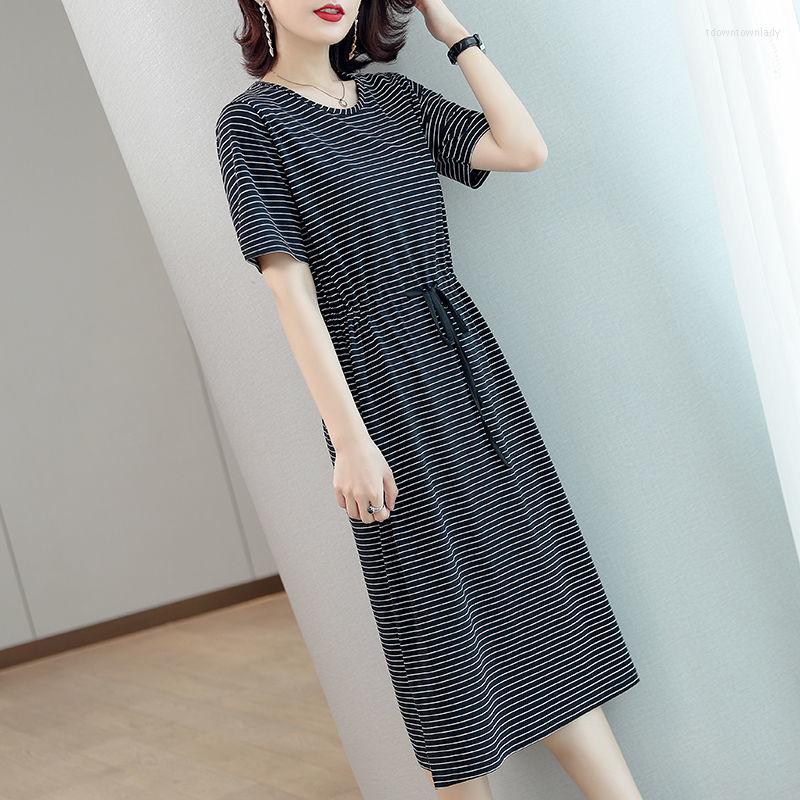 

Party Dresses Woman O-neck Casual Summer Dress Female Stripe Print Short Sleeve Midi-length Vestido Ladies High Quality A81, Black
