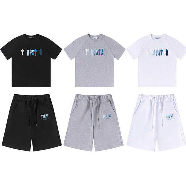 

Designer t Shirt Trap star High Street Casual Loose Cotton Round Neck Short Sleeve T-shirt Shorts Five Legged Fashion, Black blue and white embroidery top