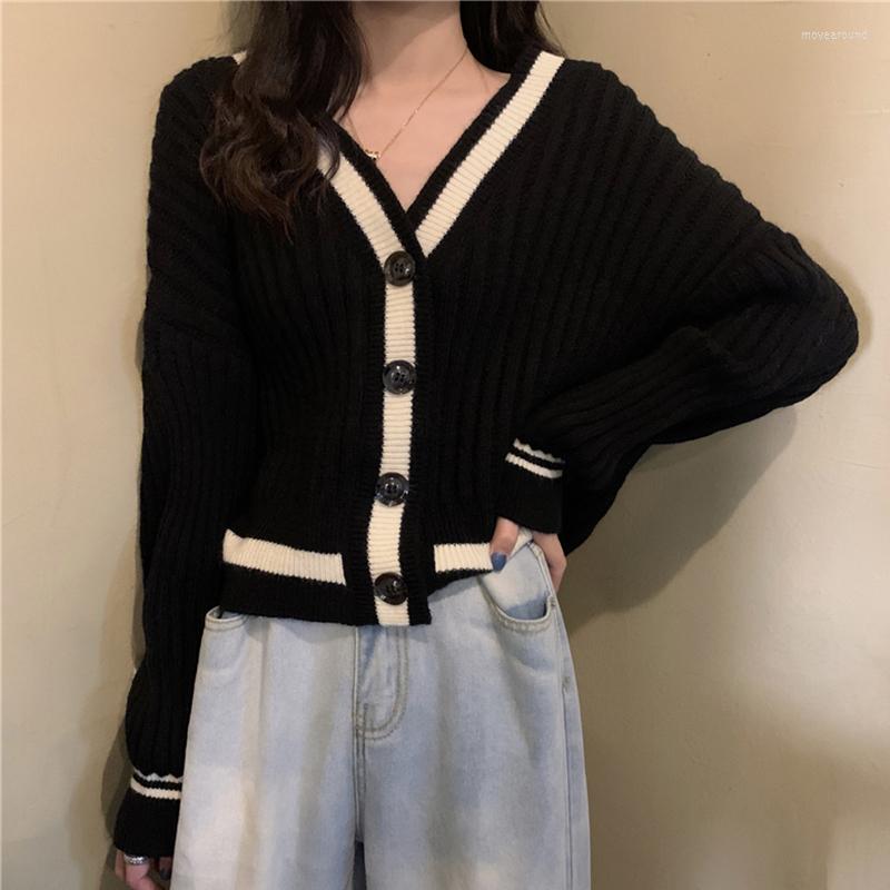 

Women's Knits Korean Loose Sweater Women V-Neck Vintage Harajuku Knitted Jumpers Single Breasted Casual Cardigan Striped Knitwear Autumn, Black